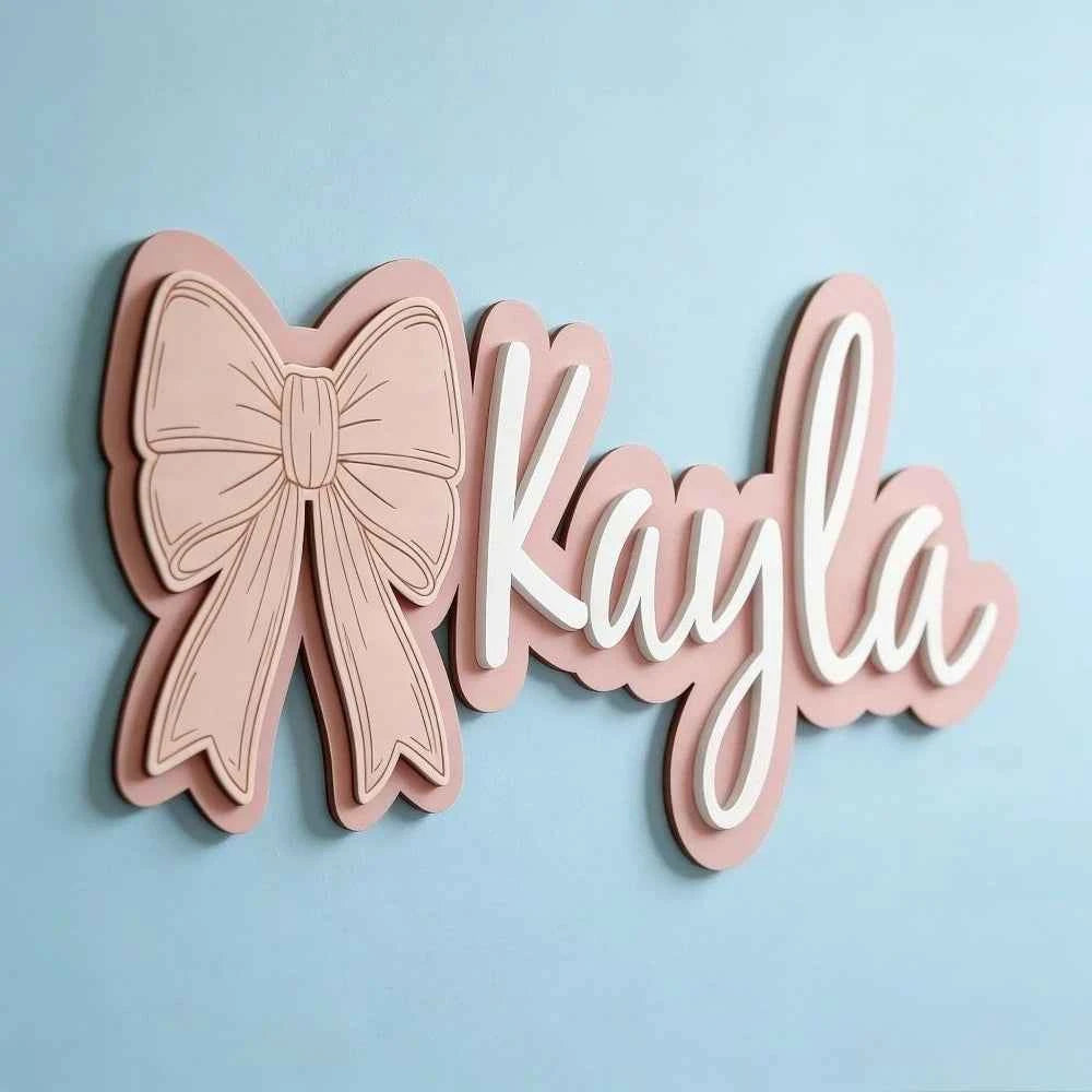 Customizable Bow-Shaped Wooden Wall Plaque. Baby Nursery Sign with Name And Date Personalized. Housewarming Gift. Durable. For more Occasions.