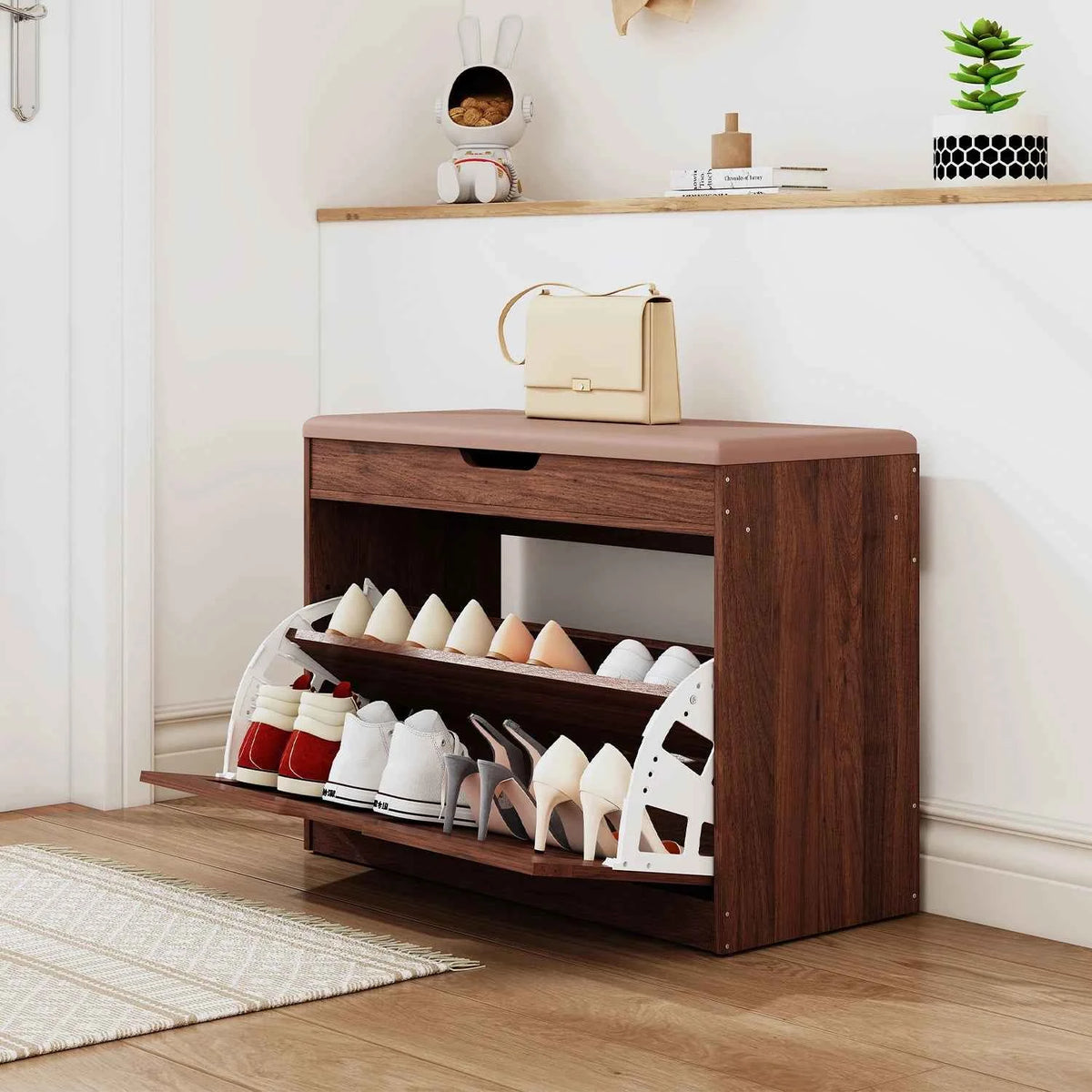 27.5" Storage Bench with Flip Drawers and Adjustable Shelf, Flip-up Cabinet & Padded Cushion - Space-Saving Shoe Cabinet, Organizer for Entryway, Hallway, Bedroom