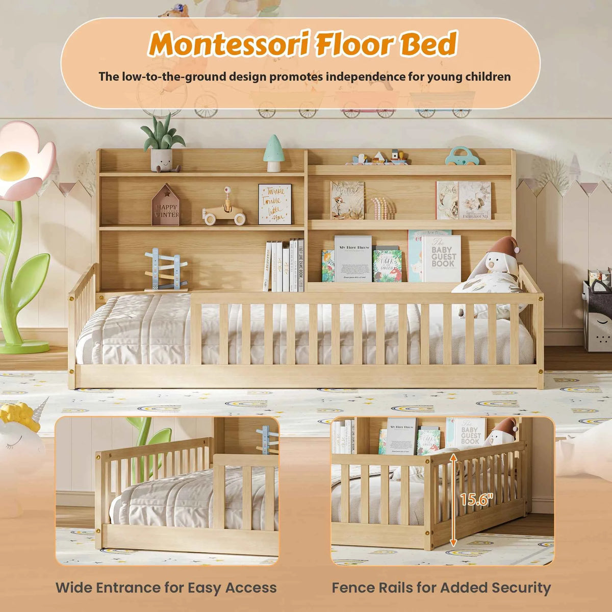 Full Size Floor Bed with Bookshelf & Safety Rails, Solid Pine Wood  Bed Frame, Low-to-Ground  for Kids or Toddler Bed with Wide Entrance, Natural