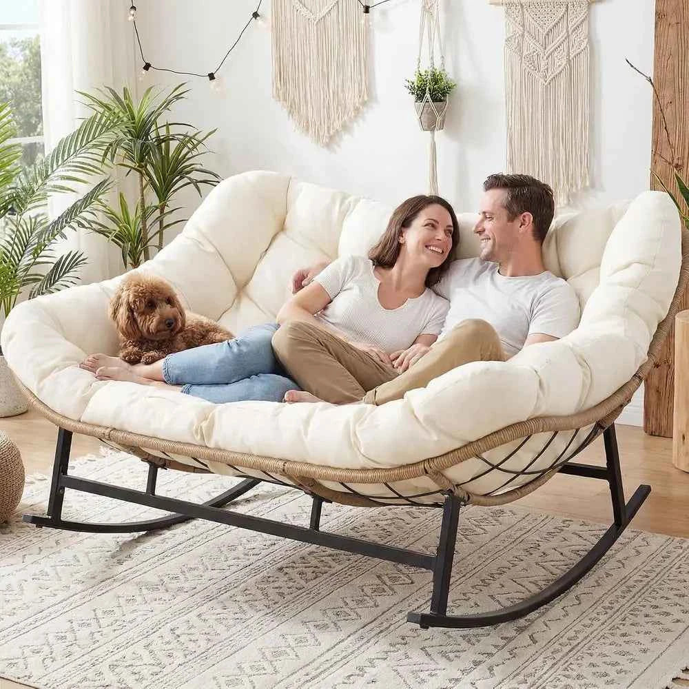 Oversized Double Rocking Papasan Chair with Thick Cushion, 2 Person Big Wicker Outdoor Comy Recliner, Extra Large Heavy Duty Egg