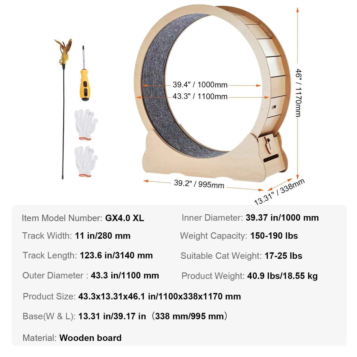 Wooden Exercise Wheel for Indoor Cat .Running Wheel with Detachable Carpet& Cat Teaser