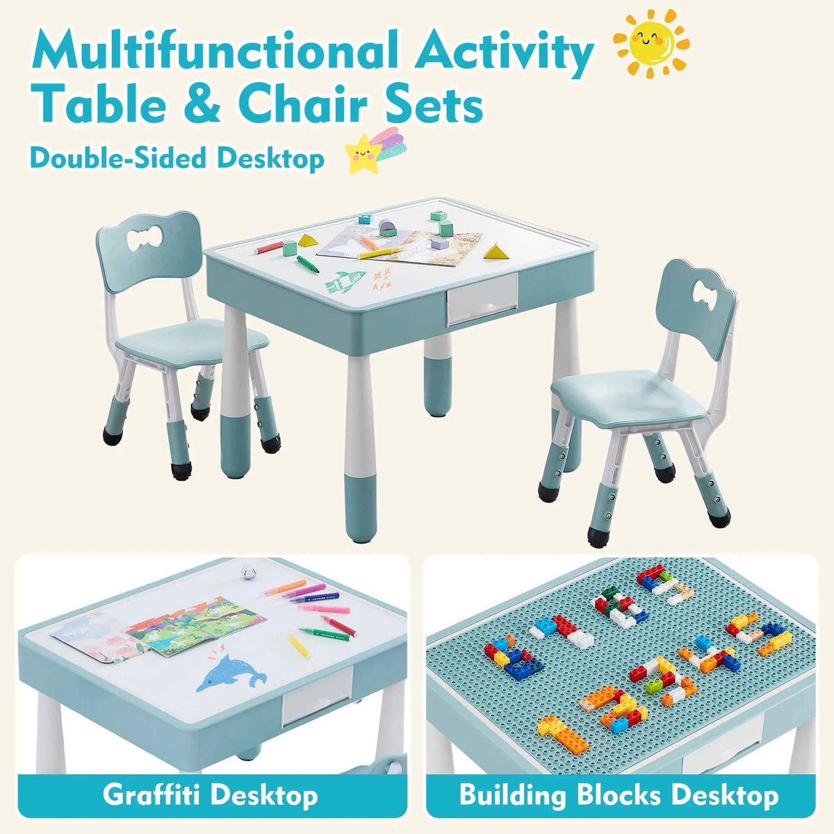 Kids 4 in 1 Table And 2 Chairs Set with Storage Toddler Desk And Chair Combo for Ages 3-10 Graffiti & Building Blocks Double-Sided. Grayish Blue