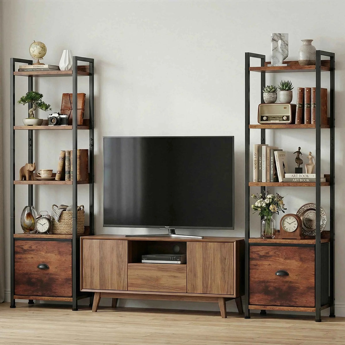 MCQ 5 Tiers Metal Classic Bookshelf with Drawer.  Freestanding Tall Display Shelving. Sturdy Structure. Graduated Shelves