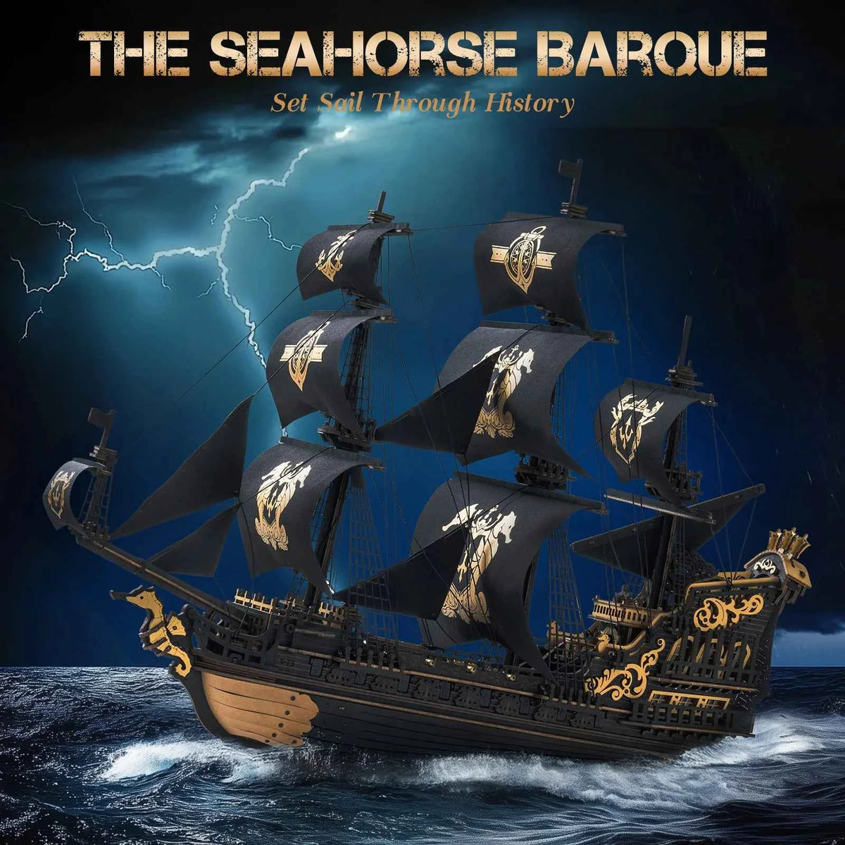 ROKR Seahorse Barque Wooden 3D Puzzle. 1:100 Scale DIY Sailboat Model Building Kit. 603 Pieces Brain Teasers Jigsaw Toy for Adults,  Boys