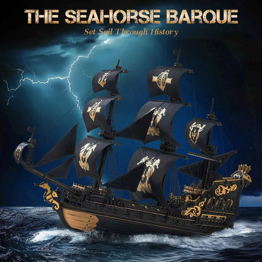 ROKR Seahorse Barque Wooden 3D Puzzle. 1:100 Scale DIY Sailboat Model Building Kit. 603 Pieces Brain Teasers Jigsaw Toy for Adults,  Boys