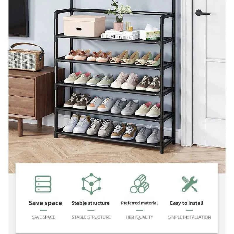 5-Tier 3-in-1 Multifunctional Metal Rack. Floor-Standing Garment Organizer. Sturdy Vertical Storage Shelf