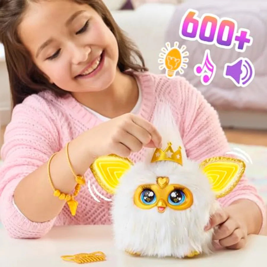 Interactive plush toy for kids 6+,  with gold glam fur ,white voice-activated with English and Furbish speech