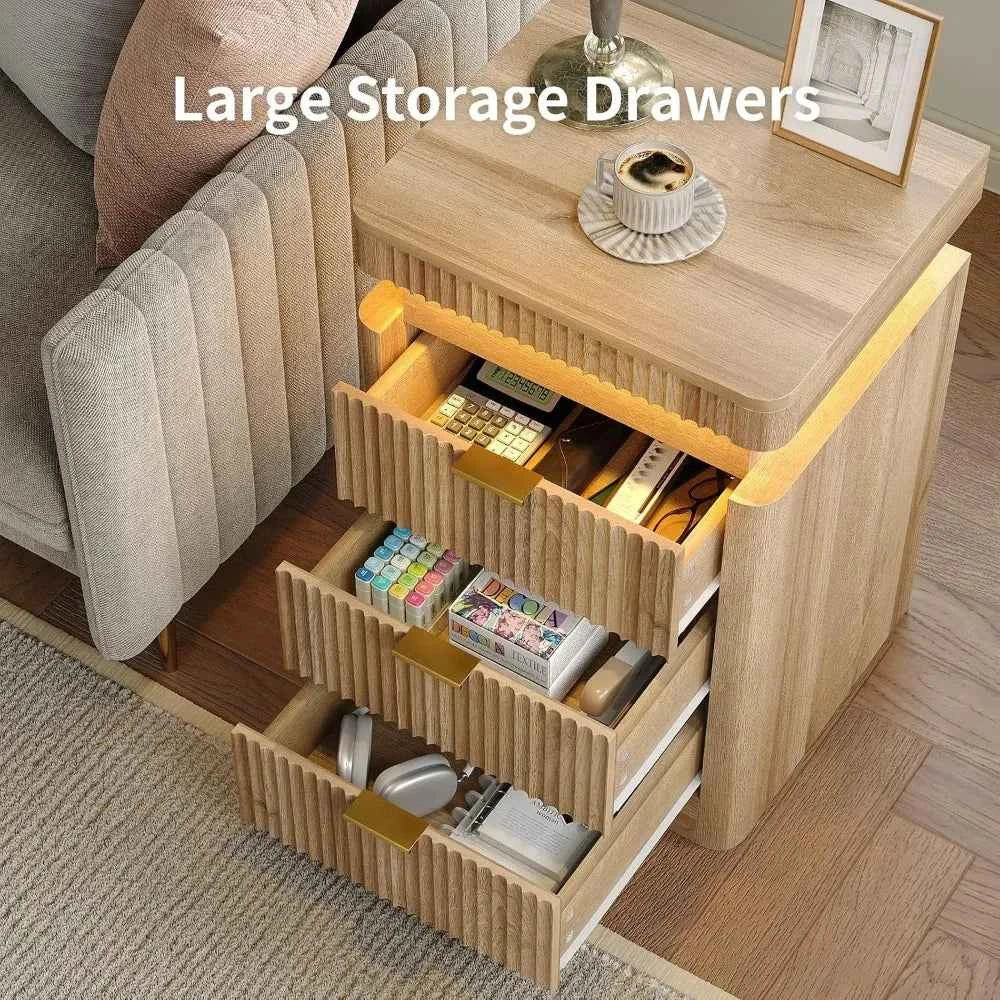 Fluted Nightstand Set of 2,3 Drawers,LED Light & Sliding Top & USB Charging Station,Bedside Table, Custom