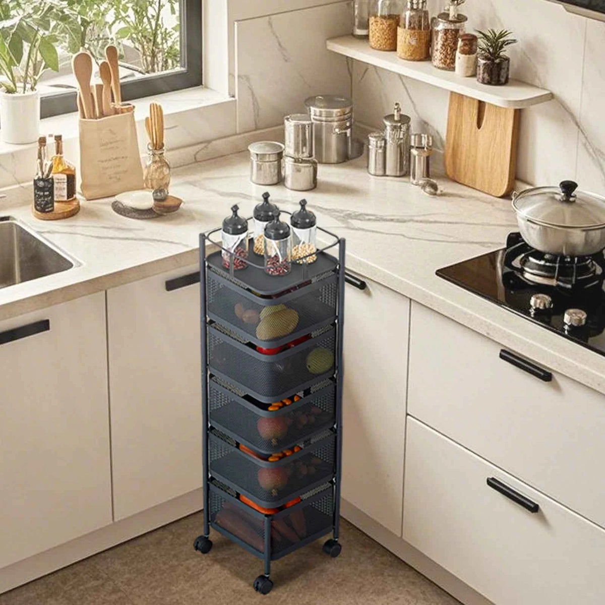 Five Layers 360 Degree Rotatable Trolley Storage Rack, Carbon Steel Storage Rack,