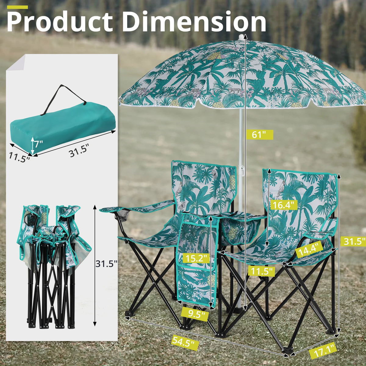 Portable Outdoor 2-Seat Folding Chair with Removable Sun Umbrella, Pineapple