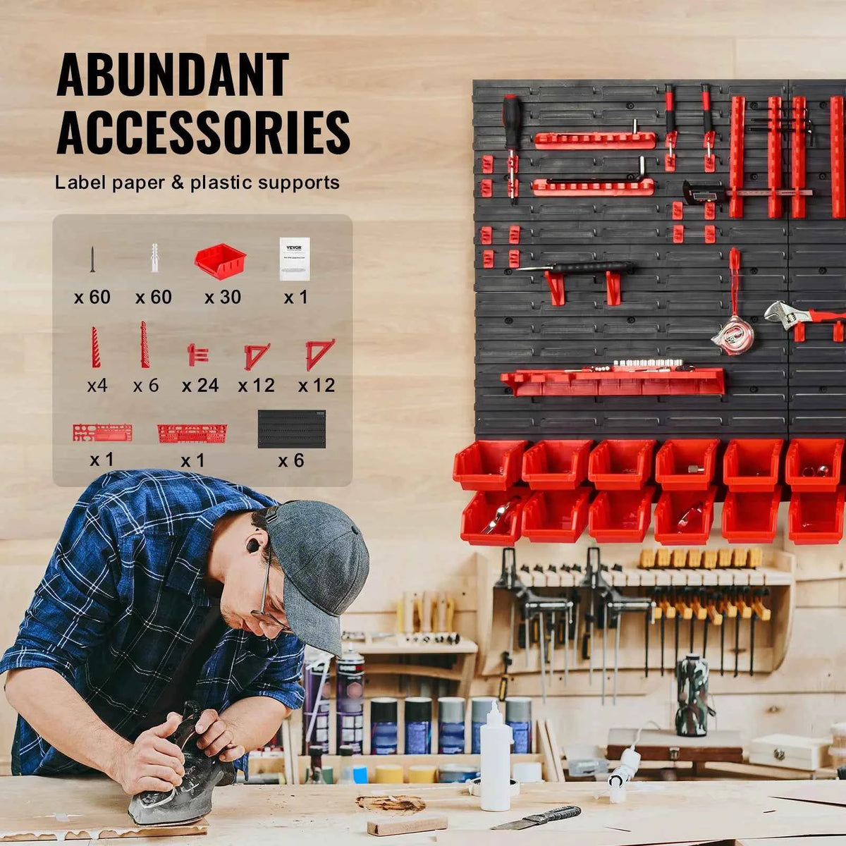 Wall Mounted Storage Bins 30/48Bin Parts Rack Organizer.  Wall Panels, Hooks, Plastic Shop Tool for Screw and Nails