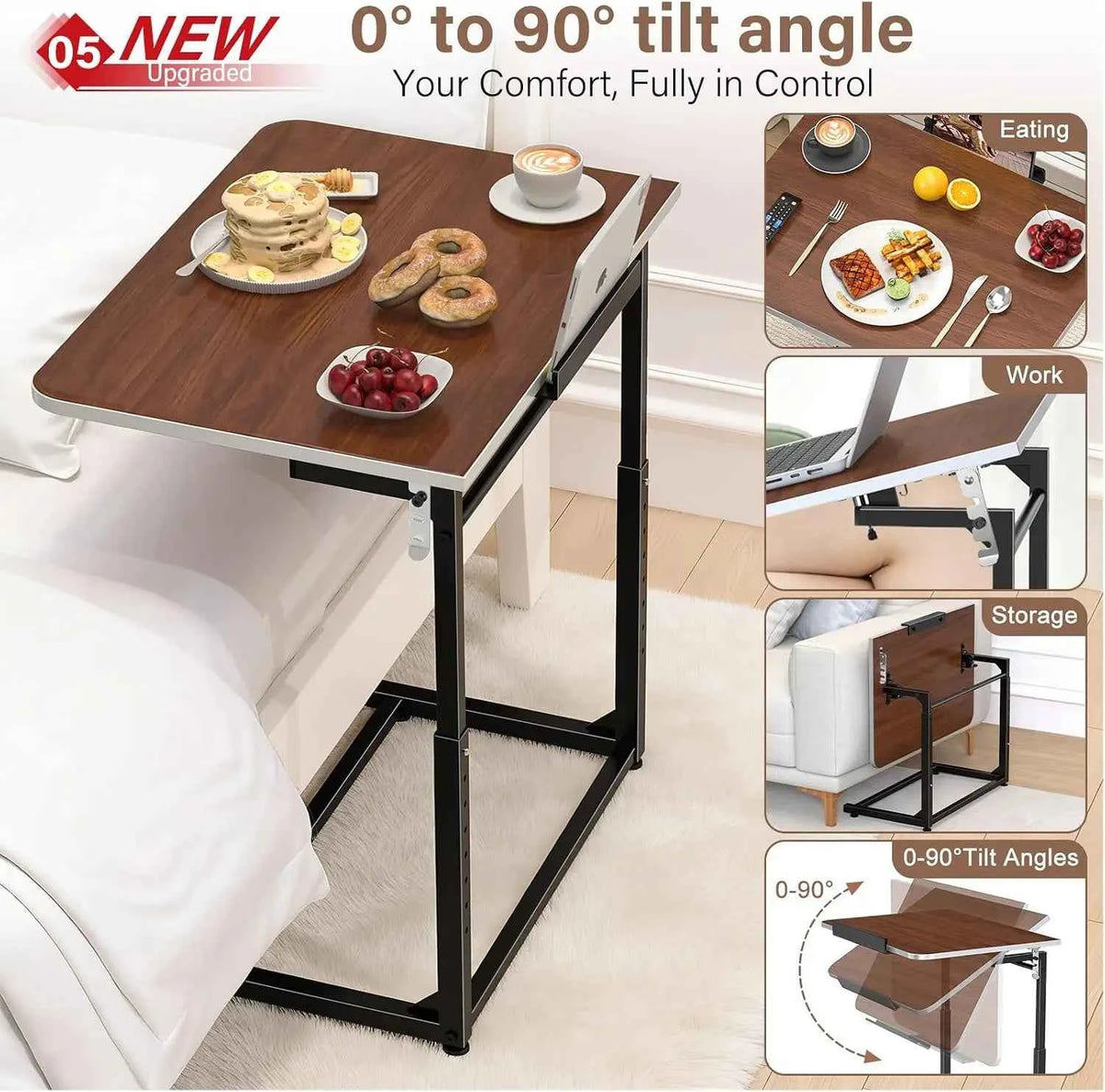 Extra Large Heavy Duty TV Tray Table, 23.6" Folding C-Shaped. Laptop Desk.  Height & Tilt Adjustable. End Table with Phone/Tablet Slot, Easy Clean. Walnut Finish