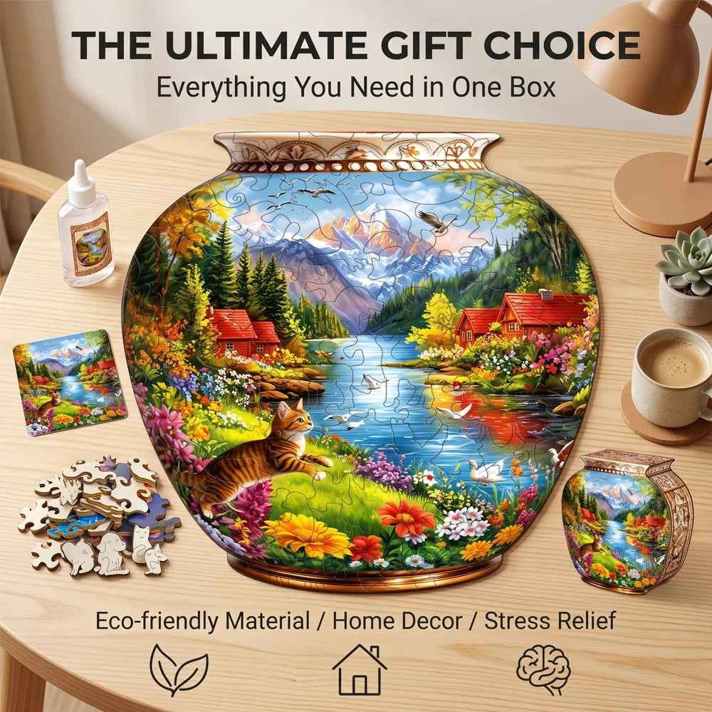 Vase Shaped Mountain Lake, Cat, Floral Wooden Jigsaw Puzzle, Country Cabin Riverside Scenery Irregular Basswood Puzzle,