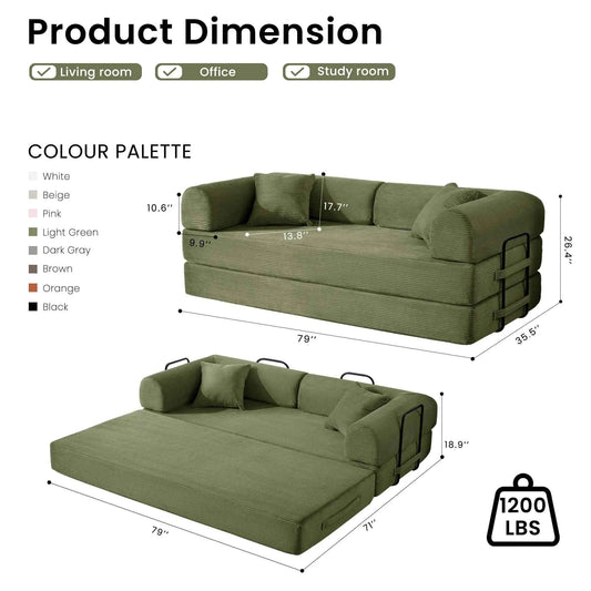 79’’ Folding Convertible Sofa Bed.  Corduroy Upholstered Boneless Couch, Loveseat Sleeper. Floor Sofa for Living Room or Bedroom