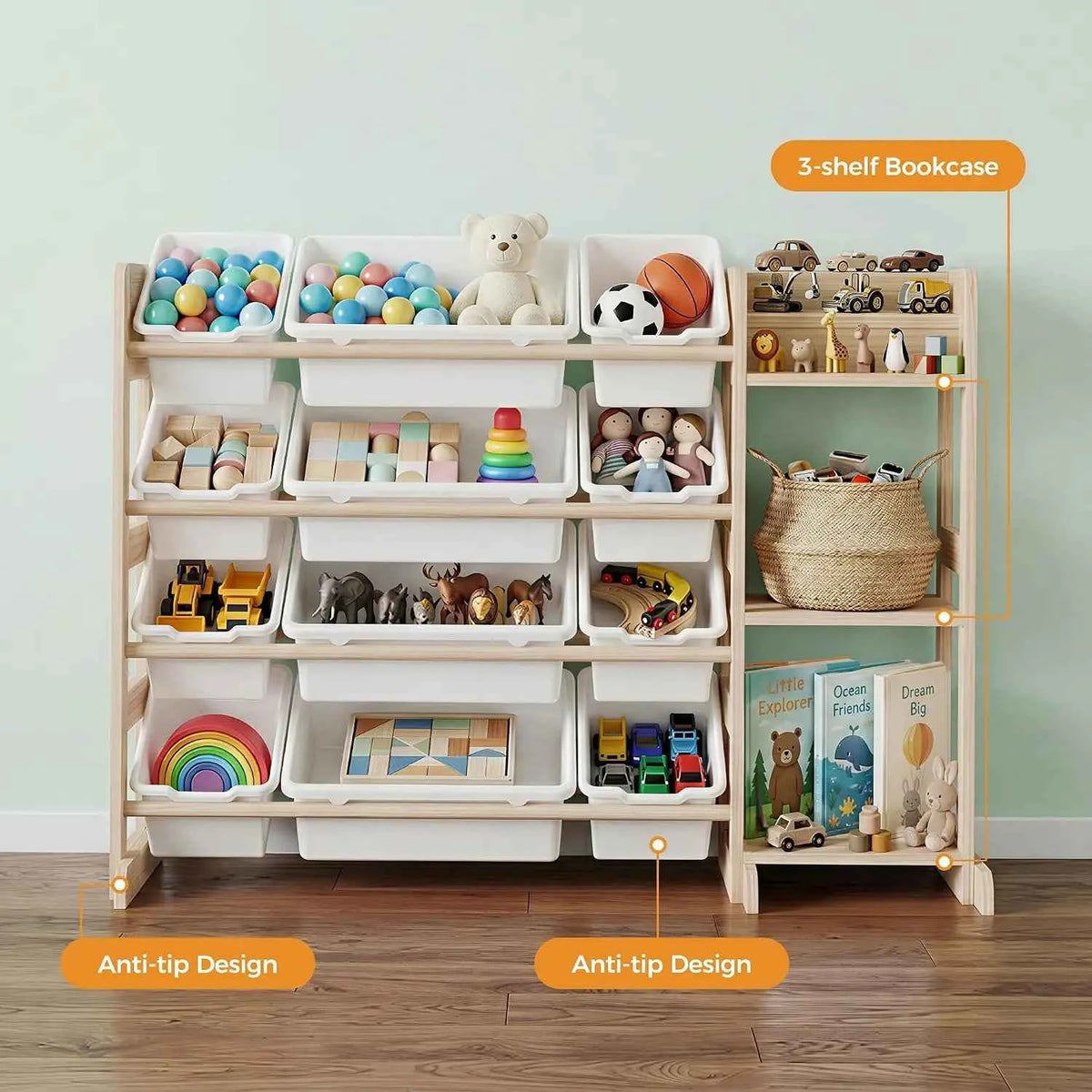 Tacleekii 42" 52" Wide Kids Toy Storage Organizer with 12 Bins & 3 Open Shelves. Solid Wood Storage Unit