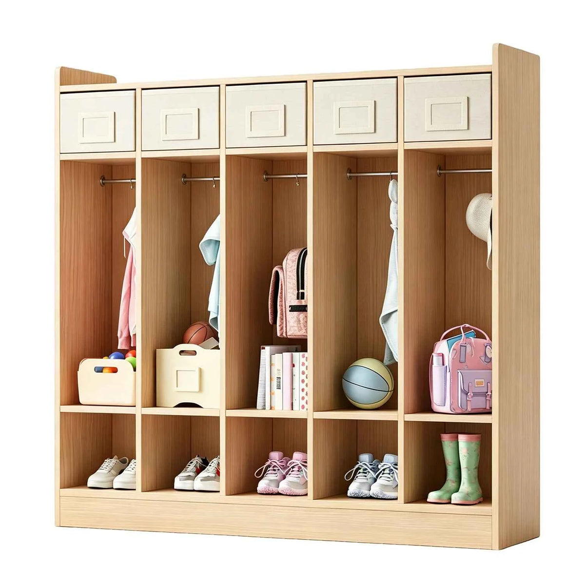 5-Section Classroom Coat Locker With 10 Cubbies & Hooks, Kids Storage Organizer With 5 Bins