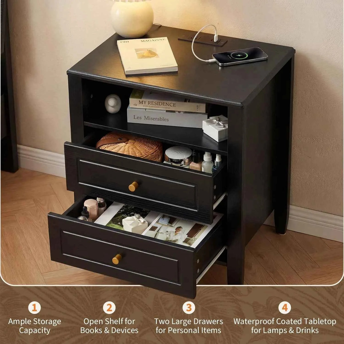 Nightstand with Charging Station, 2 Drawers and Open Shelf. With USB Type C Port & AC Outlet. Farmhouse Storage Cabinet.  Black