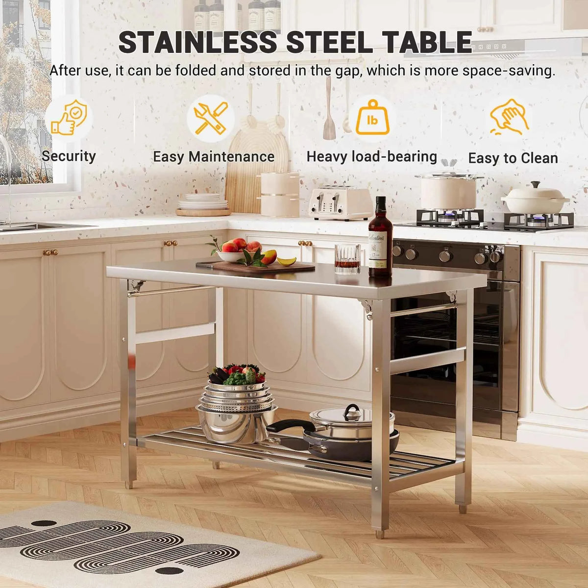 60"×24" Foldable Stainless Steel Prep Table, NSF Heavy-Duty Workbench with Adjustable Undershelf, Kitchen, Outdoor, Commercial Cooking Work Table