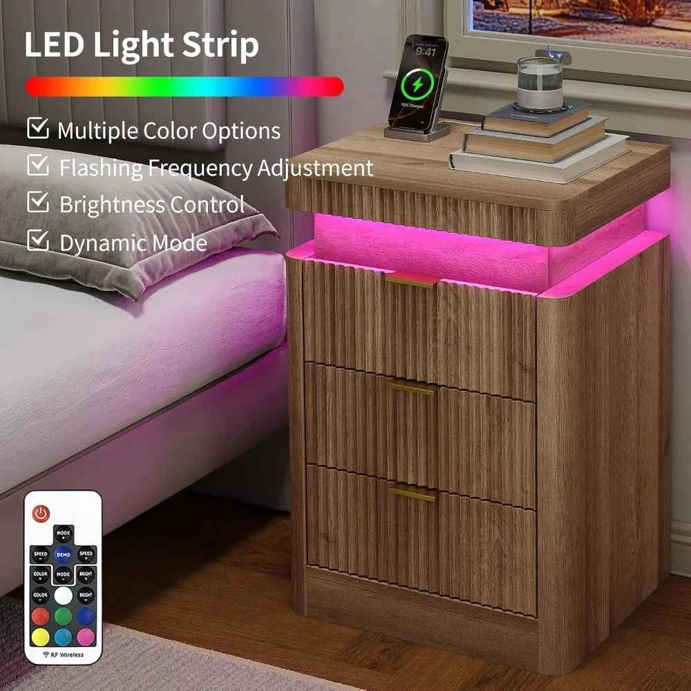 Fluted Nightstand Set of 2,3 Drawers,LED Light & Sliding Top & USB Charging Station,Bedside Table, Custom