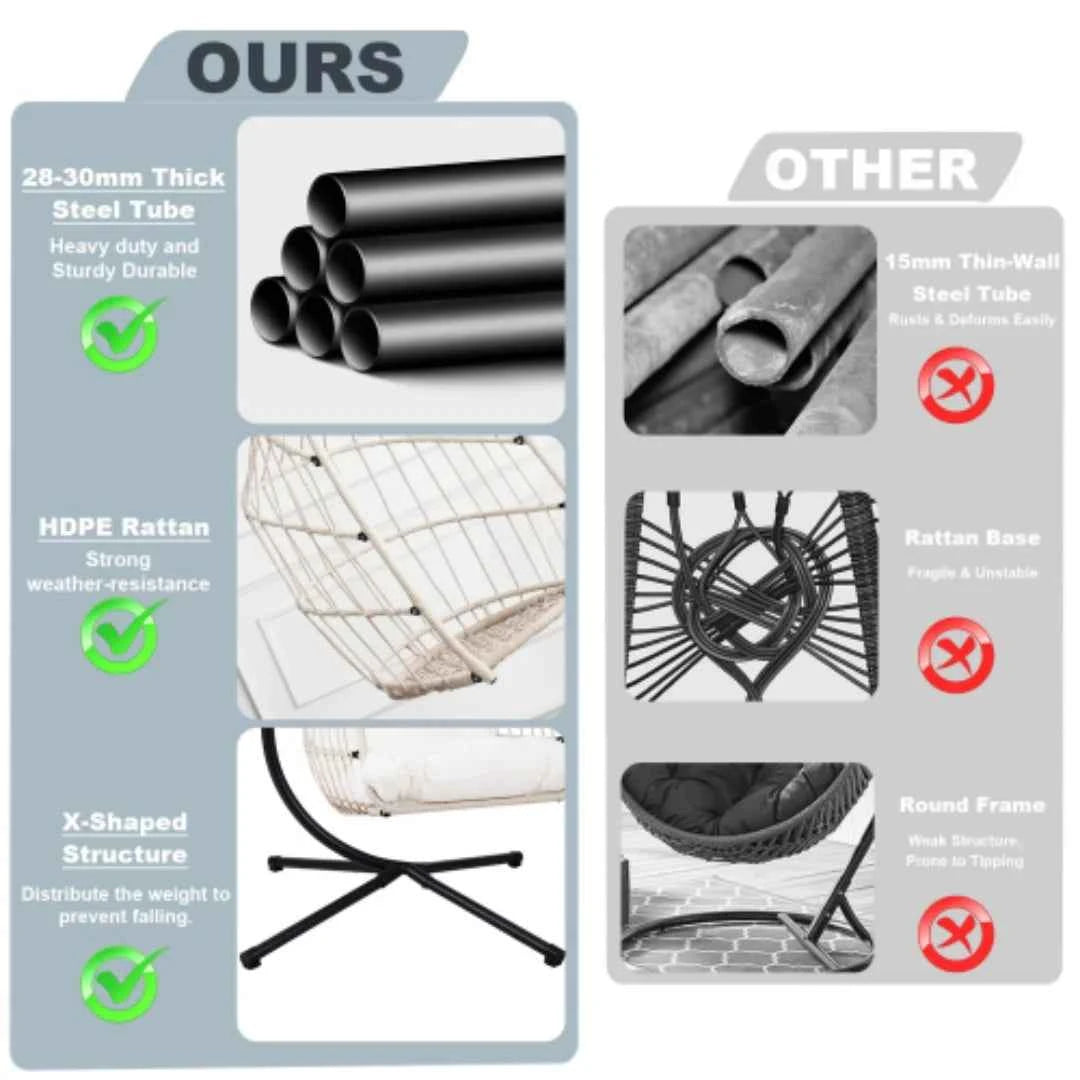 Outdoor Egg Chair with Stand, 350 Lbs Wicker Patio Hanging Chair, Folding Swing Hammock Chair with Cushion for Indoor, Porch, Garden