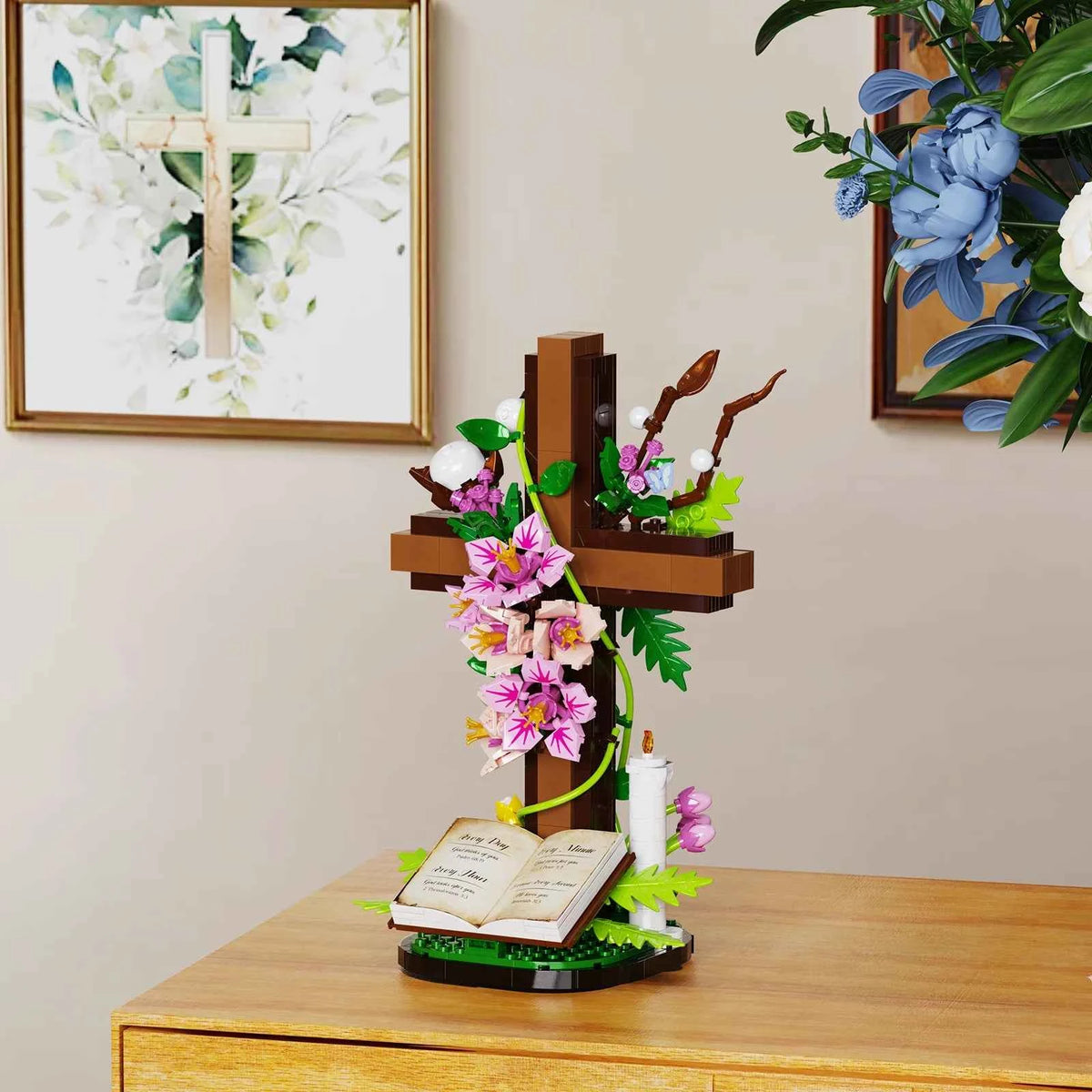 Jesus Cross with Flowers Building Blocks Set with Easter Bible. Themed Decorative Items. Religious Gifts for Adults (568 PCS)