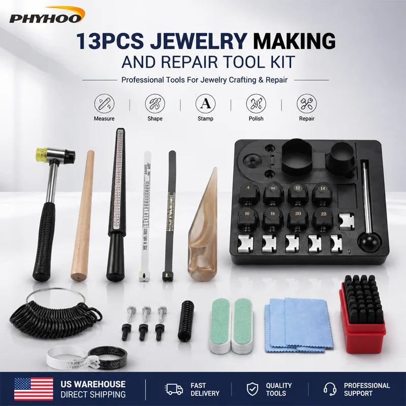 PHYHOO 23PCS Jewelry Making Tool Kit. Ring Sizer, Bending Mandrel, Letter Stamp Set, Polishing Repair Tools. DIY, USA