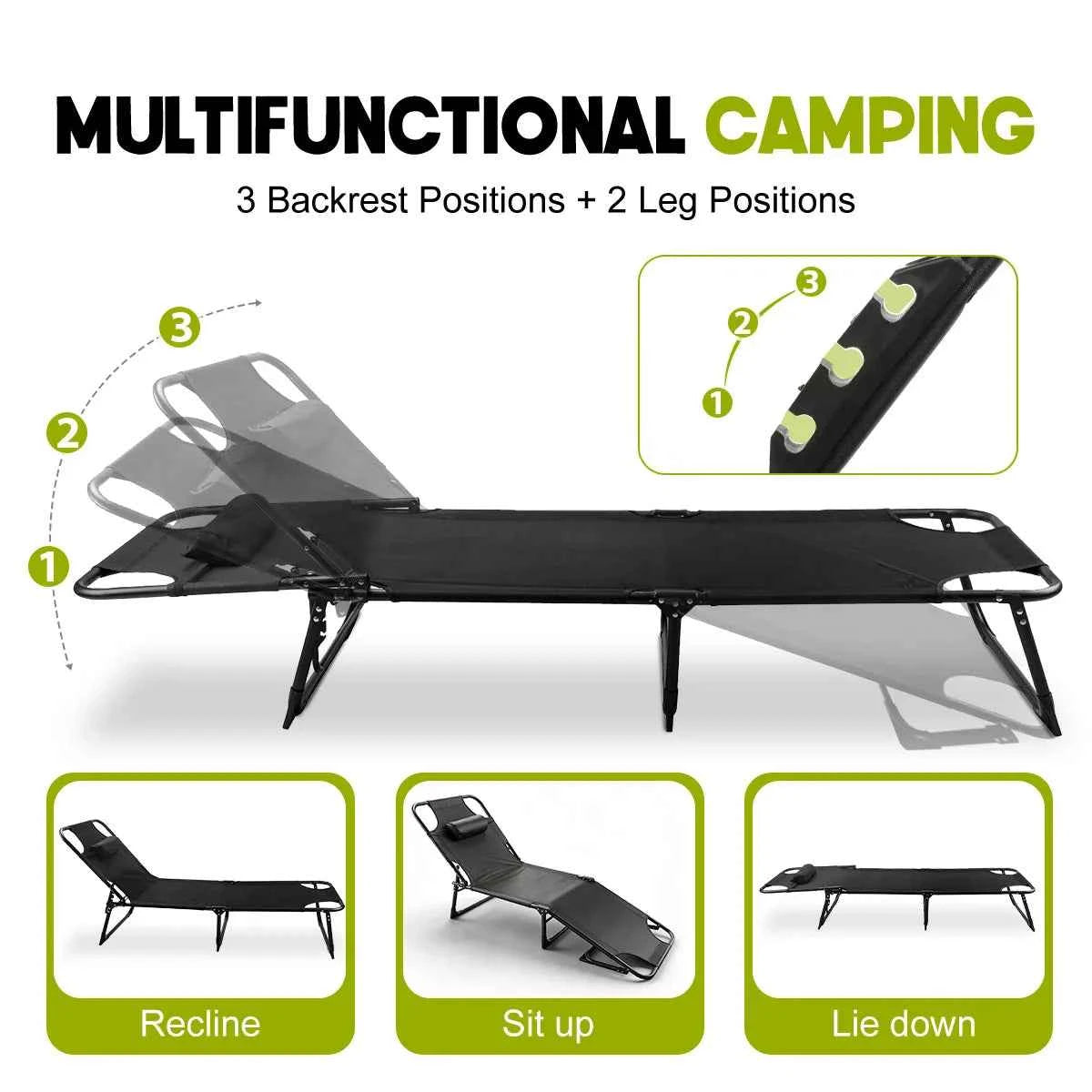 56cm Adjustable Folding Camping Lounge Chair with Removable Soft Cushion, 3 Position Reclining Portable Beach Tanning Chair, Heavy Duty 330 LBS Fold Up Outdoor Chaise Lounge for Pool Patio Office Napping Indoor & Backyard