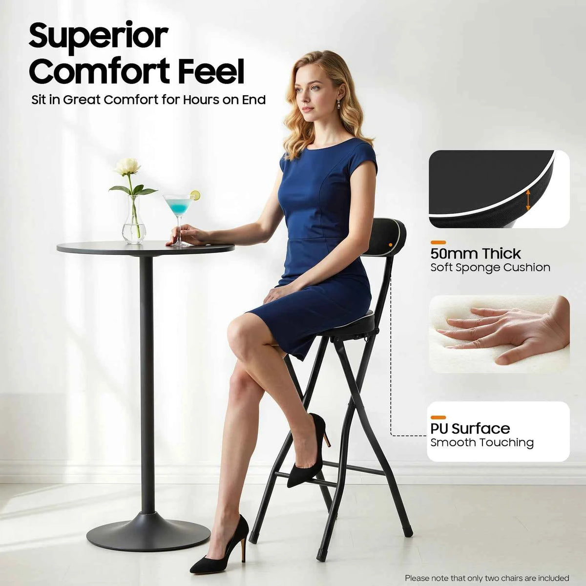 2Pcs Counter Height Folding Bar Stools Chair W/Back, 27.56in Seat Height,  Black