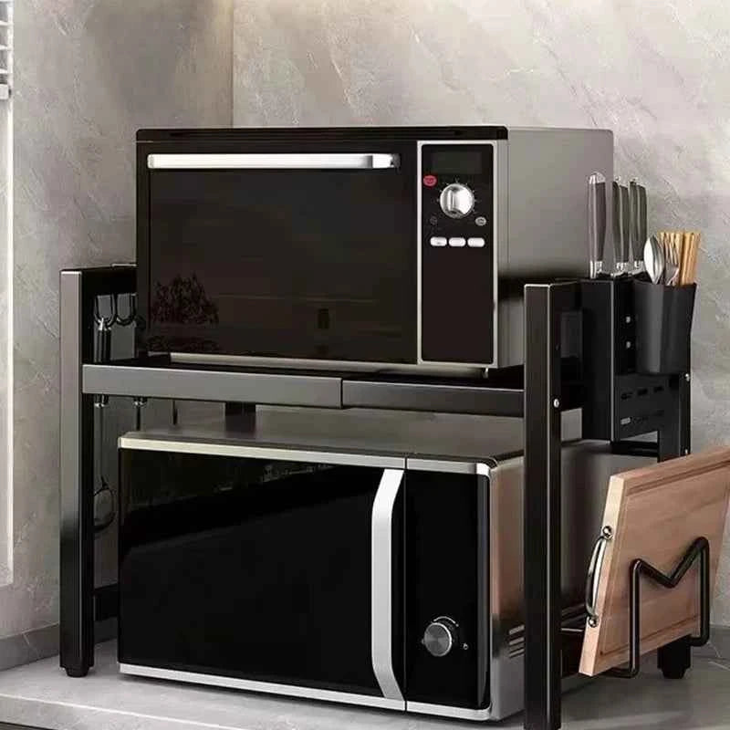 Height Adjustable Microwave Stand, Heavy Duty 2-Tier Kitchen Storage Rack with Hooks, Space Saving Countertop Organizer .