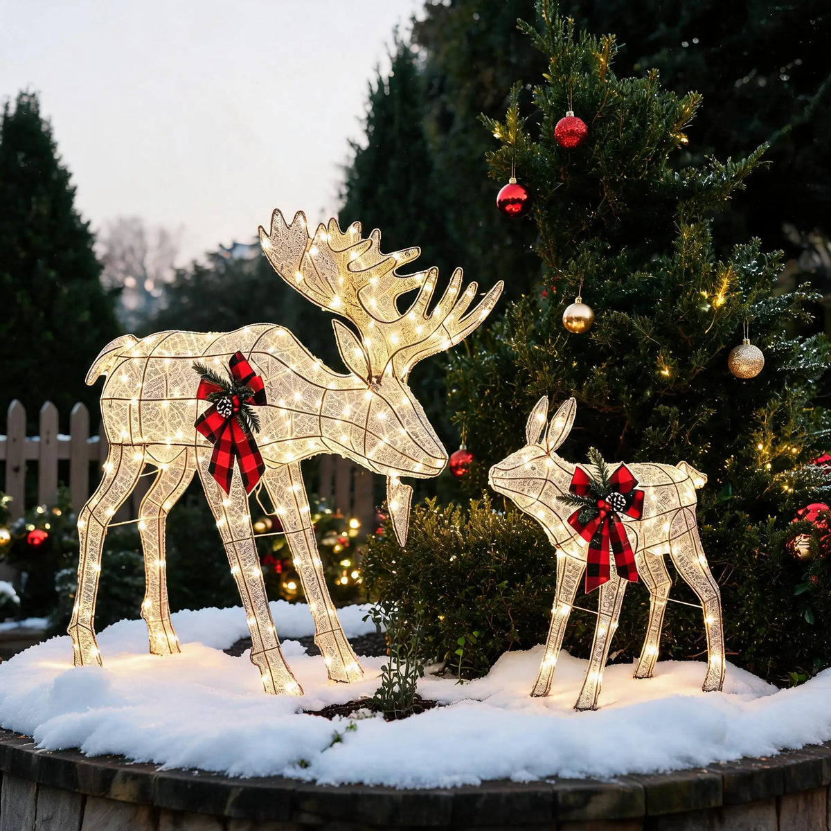 2 Piece Lighted Christmas Reindeer Family. Outdoor Yard Decoration with 240 LED Lights. Gold Glowing Reindeer Lawn Ornament.