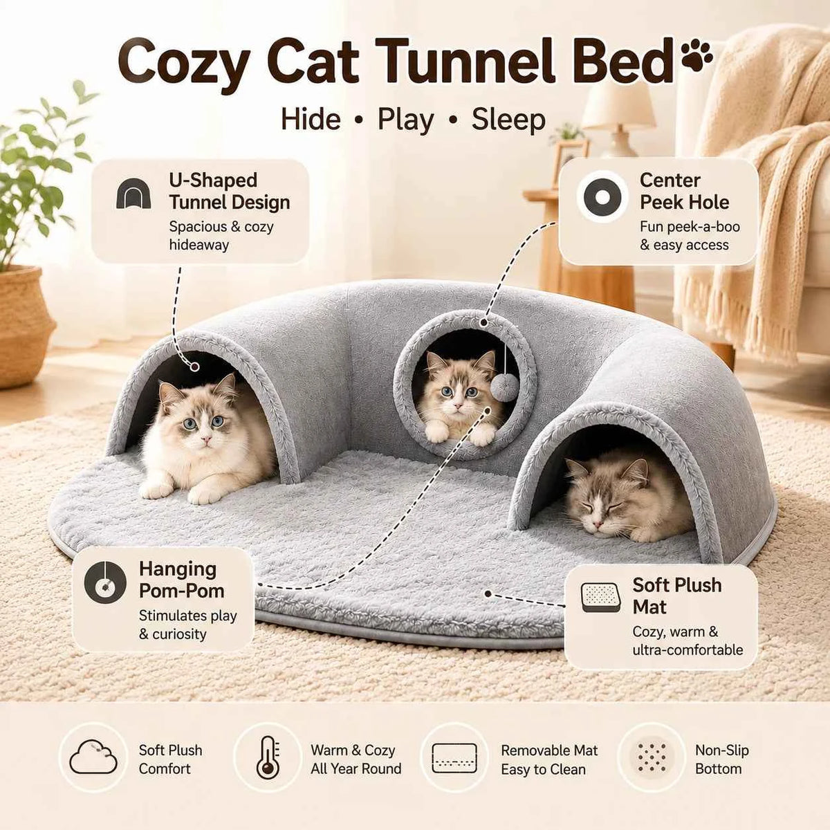 Multifunctional U-shaped Cat Tunnel Bed—A Detachable, Washable Plush material; .
