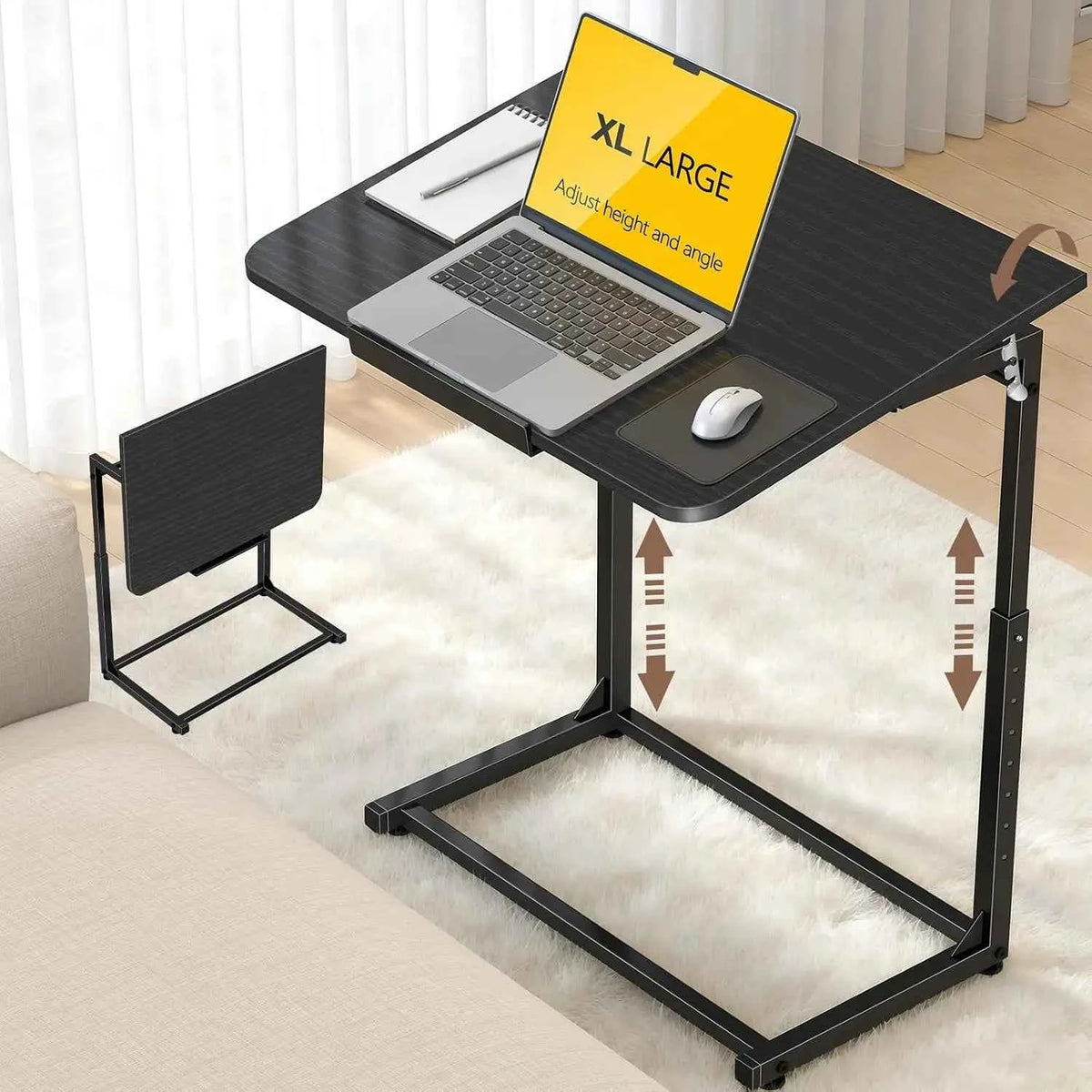 Extra Large Heavy Duty TV Tray Table, 23.6" Folding C-Shaped. Laptop Desk.  Height & Tilt Adjustable. End Table with Phone/Tablet Slot, Easy Clean. Walnut Finish