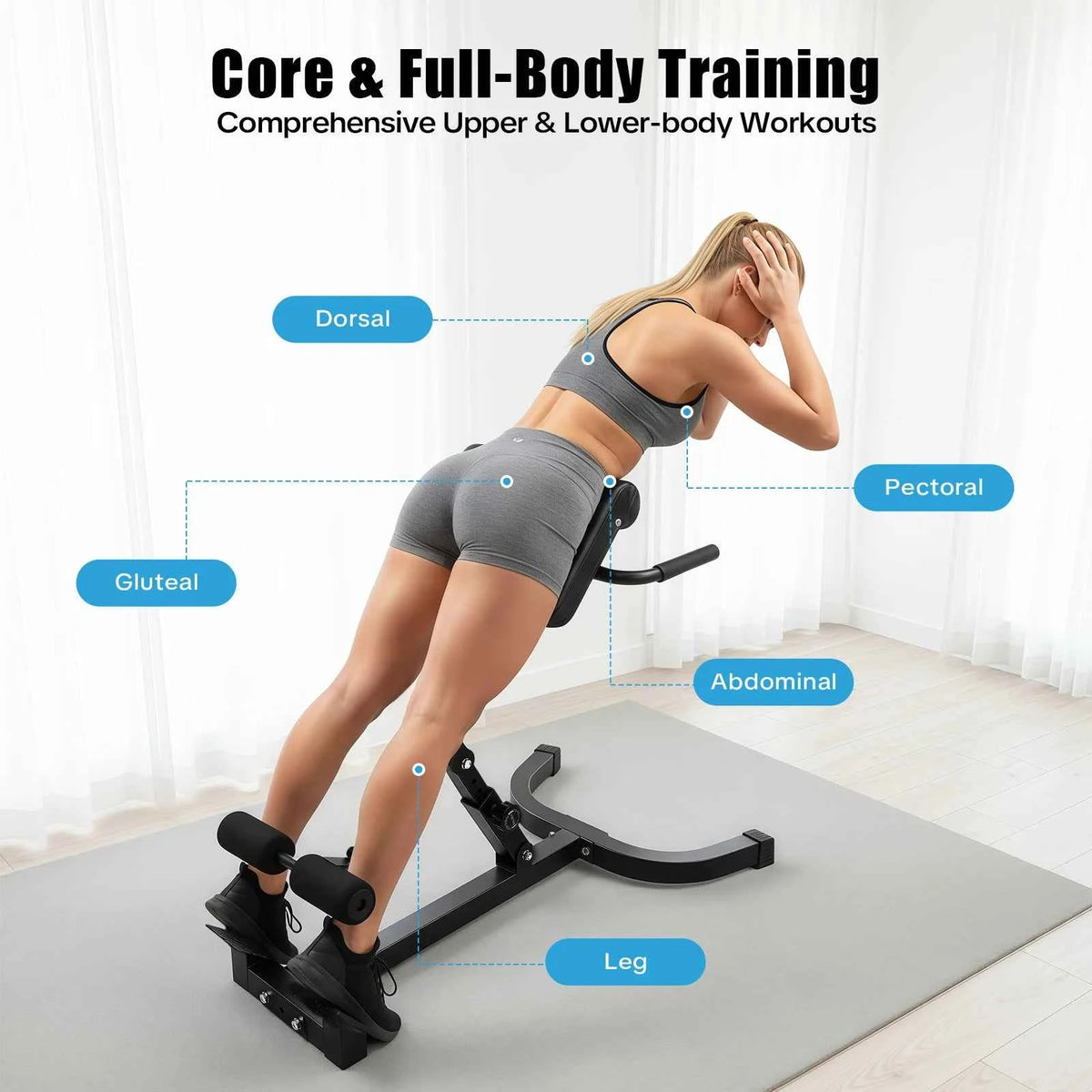 Roman Chair Back Extension Machine, 330LBS. Abdominal Exercise Equipment, Multi-Functional Hyperextension Back Strength Exercise Bench, w/Rubber Foot Covers, suitable for Home, Gym, and Hotels