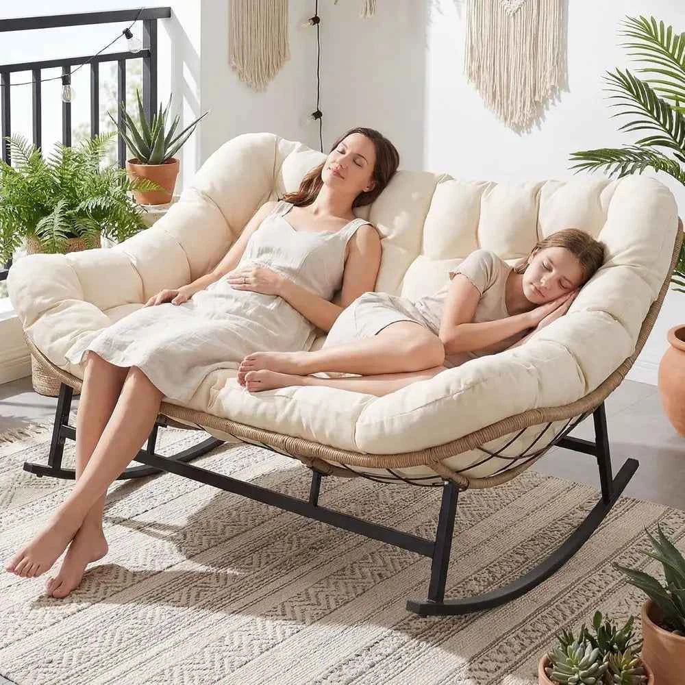 Oversized Double Rocking Papasan Chair with Thick Cushion, 2 Person Big Wicker Outdoor Comy Recliner, Extra Large Heavy Duty Egg