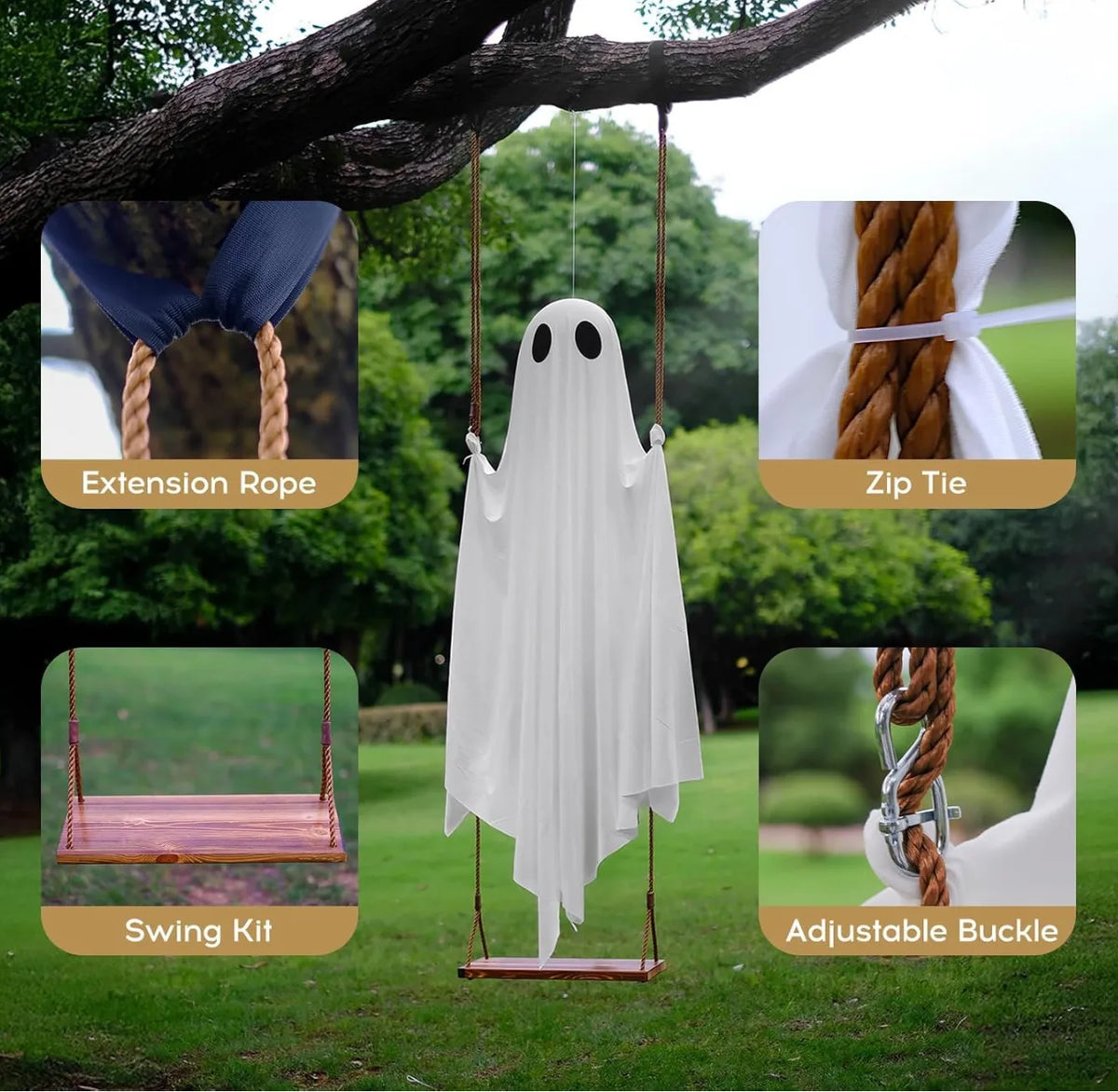 Large Outdoor Hanging Swing Ghost. Halloween Decoration Light-Up Spooky Decor for Yard Party.