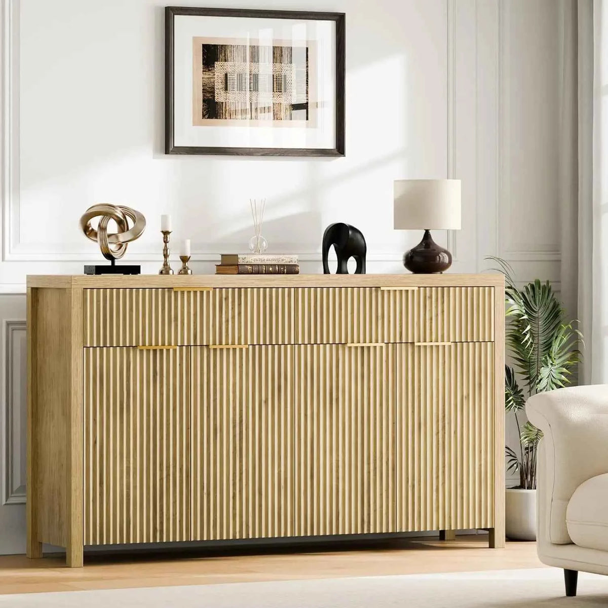 55" Fluted Wood Buffet Sideboard Cabinet, Adjustable Shelves. Custom