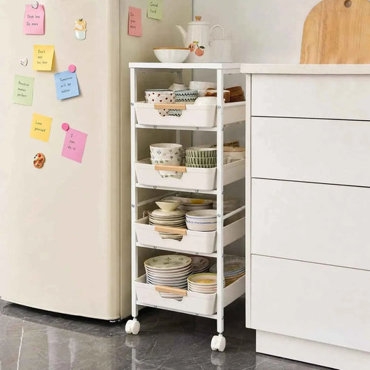 5-Tier Slim Rolling Storage Cart, Narrow Kitchen Cart with Wooden Top and Pull-Out Baskets, Mobile Shelving Unit Organizer for Kitchen, Bathroom, Laundry