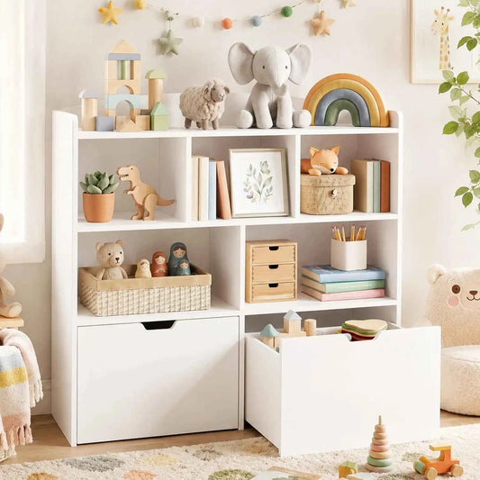 Toy Storage Organizer With 2 Rolling Drawers, Kids Bookshelf With 5 Open Cubbies, Storage Cabinet For Playroom, Bedroom And Nursery