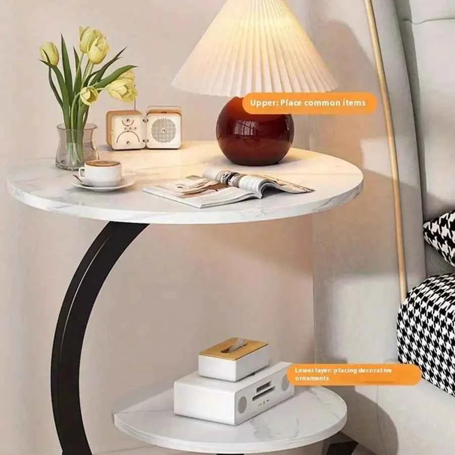 Round C Shaped 2 Tier Side Table with Modern Faux Marble.  Metal Frame. Space Saving and Small