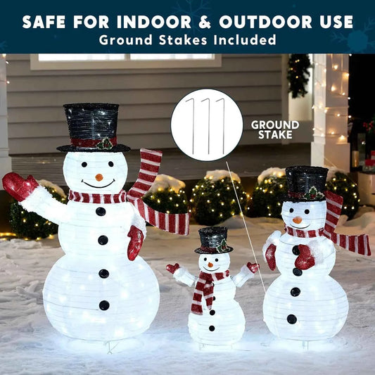 JOYFY 3 Pc 3D Christmas Collapsible Snowman Yard Light. 270 PreLit LED Cool White Light for Christmas, Indoor or Outdoor Garden Décor