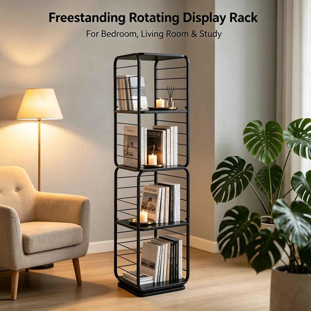 4-Shelf Steel Rotating Bookcase with 132 lbs. Capacity. 360° Swivel Display Rack,  Freestanding Storage Organizer.  Black