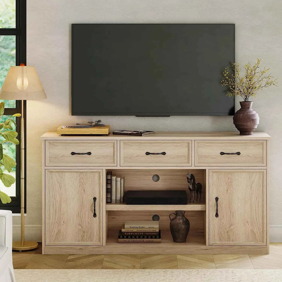 TV Stand For 65 Inch TV.  Farmhouse Television Cabinet With 3 Drawers,  2 Doors with Adjustable Shelves. Storage And Open Shelves. Wooden TV Console Media Cabinet