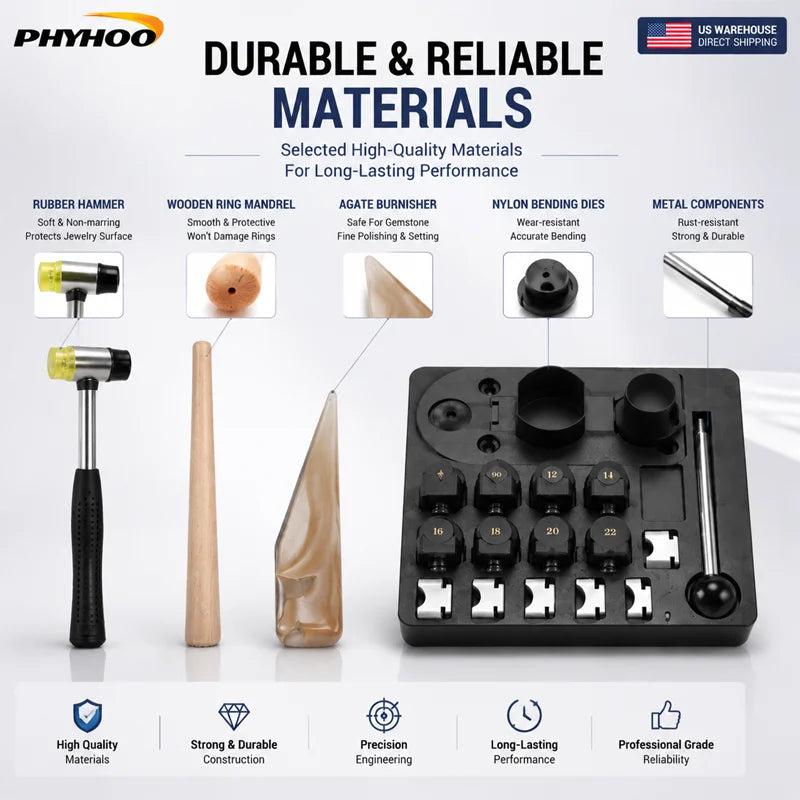 PHYHOO 23PCS Jewelry Making Tool Kit. Ring Sizer, Bending Mandrel, Letter Stamp Set, Polishing Repair Tools. DIY, USA