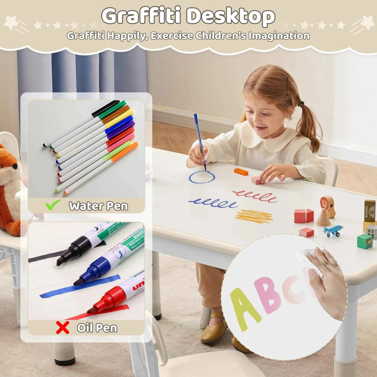 Kids Table 31.5" × 23.6", 7-Level Height Adjustable Toddler Activity Table, Graffiti-Proof Plastic Desk for Ages 3-8, Home & Daycare