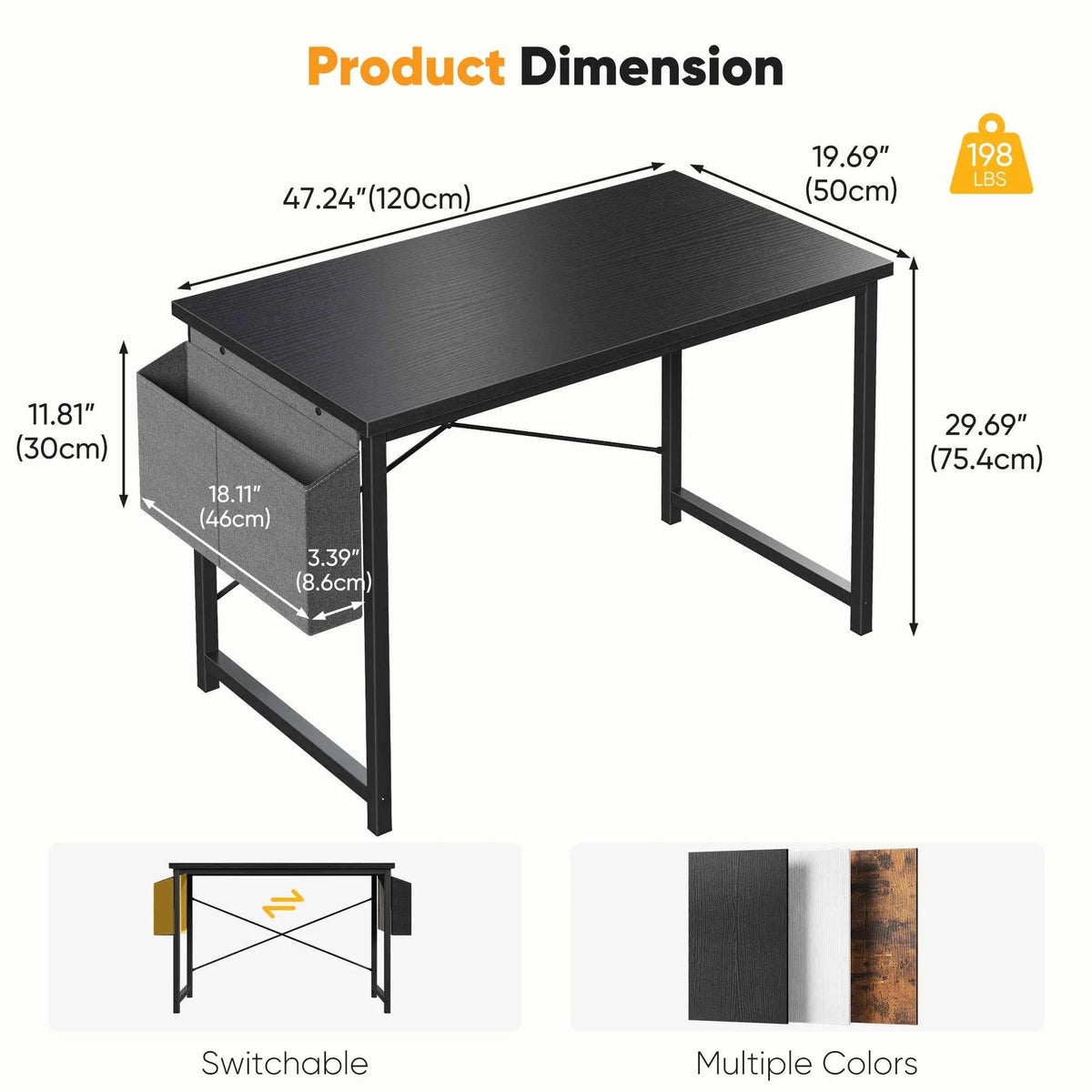 JHK 31IN to 55 Office Desk with Storage Bag. Metal Frame, Wood Tabletop, Easy Assembly