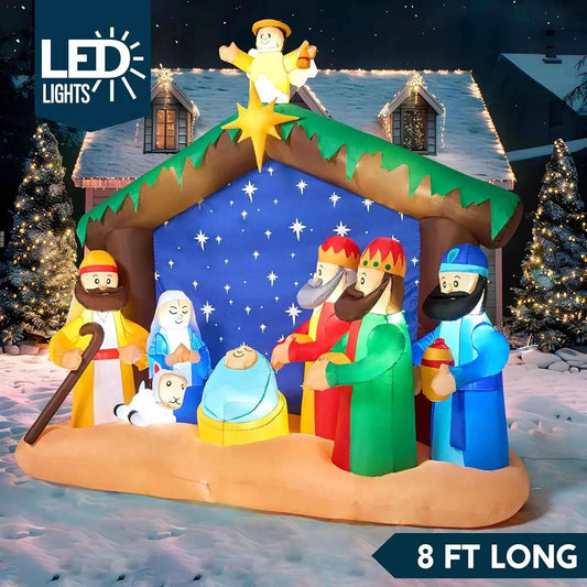 JOYFY 8 FT Long Christmas Inflatables Nativity Scene. Christmas Nativity Set with Build-in LEDs for Xmas Party. Yard Décor