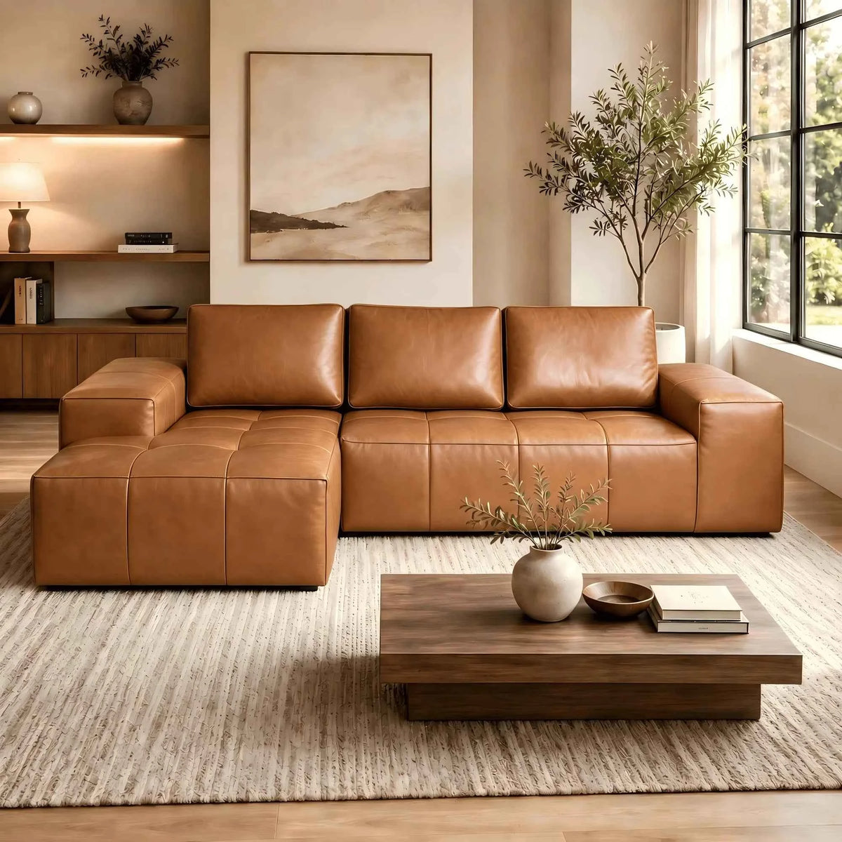 114" Cloud Sectional Sofa with Chaise, L-Shaped Modular Faux Leather Couch, Boneless Deep Seat Sofa. No Assembly Needed. Brown