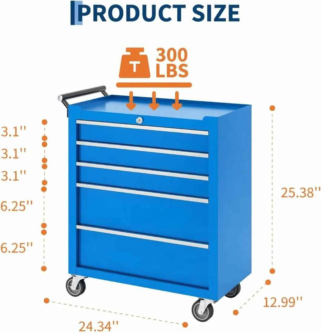 5 Drawer Rolling Tool Chest with Locking Tool Cabinet Cart, Portable Metal Tool Storage Organizer.