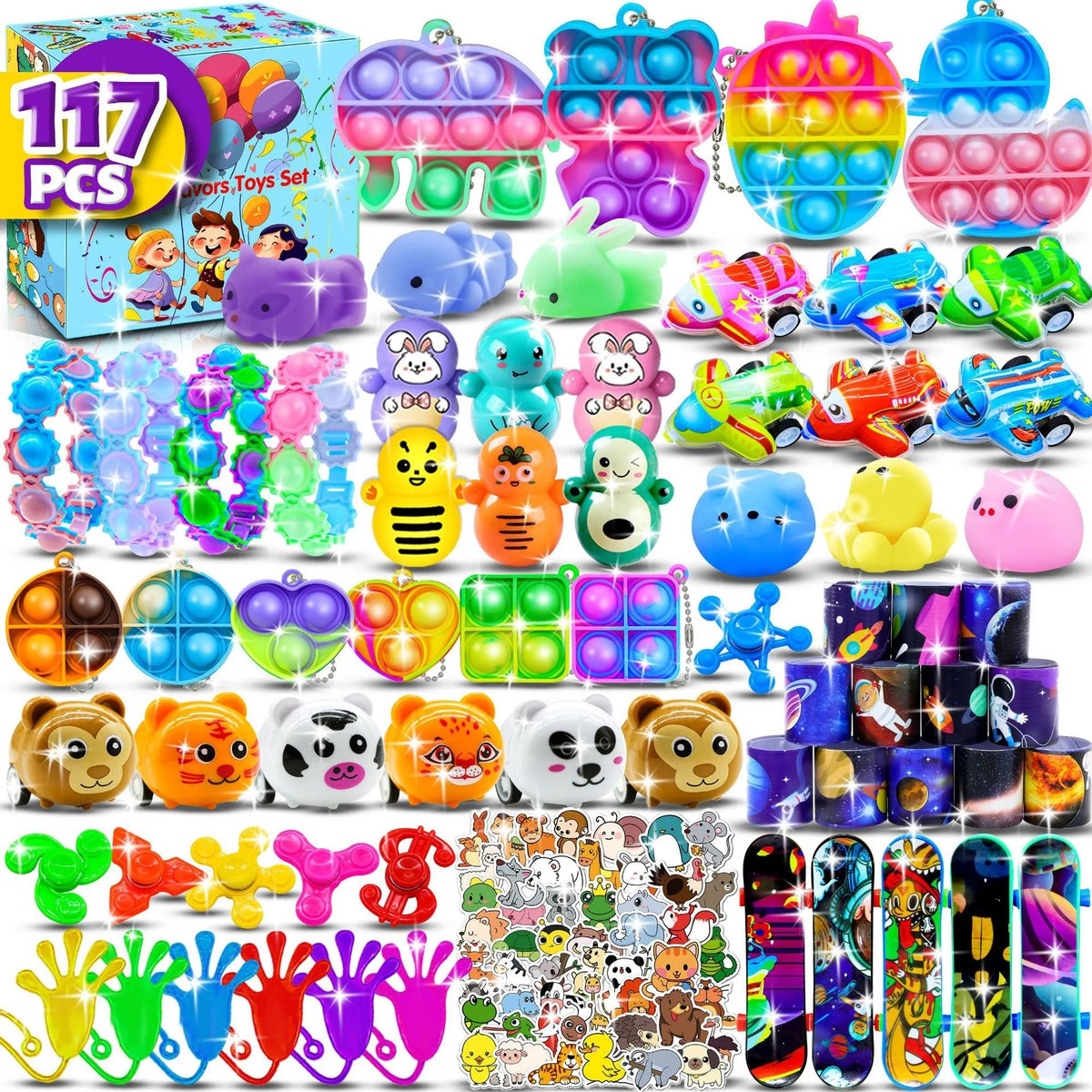 Kids Fidget Toys Party Favors Pack - Sensory Set Gifts with Stickers, Goodie Bag Fillers, Treasure Box, Classroom Prizes for School