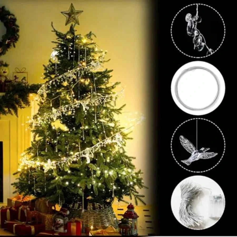 Acrylic Crystal LED Christmas Tree Decor With Fairy Garland Strands with Acrylic Hummingbird. Iron Wire 90 Waterdrop Beads.